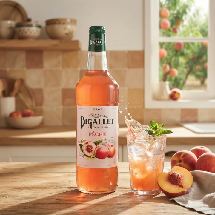 Sirop de Pêche Artisanale – Saveur Fruitée et Gourmande – Bouteille 1L