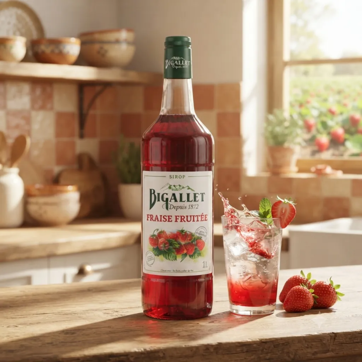 Sirop de Fraise Fruitée Artisanale – Saveur Fraise Gorgée de Soleil – Bouteille 1L